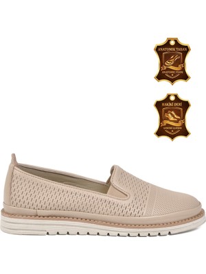 Voyager Kadın Bej Hakiki Deri Anatomik Rahat Tabanlı Casual Ayakkabı Loafer Z281