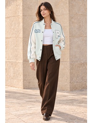 Polo State Kadın P Nakışlı Kontrast Kollu Oversize Kolej Bomber Ceket - Mint