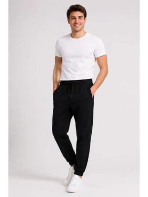 Mç Plus Erkek Iki Iplik Beli Lastikli Bağcıklı Regular Fit Jogger Eşofman Altı - Siyah