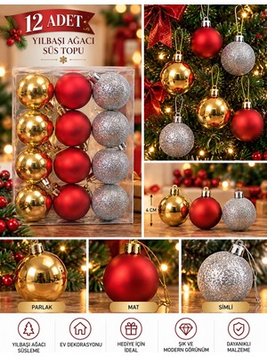 Biton Toptan 12'li Set 4 cm Karışık Yılbaşı Ağacı Süsü – Mat, Simli ve Parlak Karışık Çam Ağacı Topu Noel Süsü