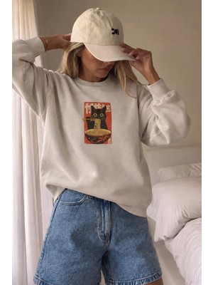 Monila Kadın Premium Kumaş 3 Iplik Şardonlu Noodle Baskılı Sweatshirt