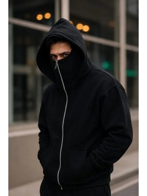 Mç Plus Erkek Maskeli Ninja Model Çift Kapüşonlu 3 Iplik Şardonlu Fermuarlı Sweatshirt - Siyah