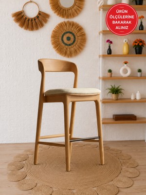 Silla Yılan Bar Sandalyesi Teddy Krem Kumaş Naturel Ahşap Ada Sandalye