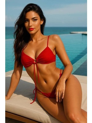 Up Secrets Kadın Kırmızı Siyah Bağcıklı Bikini Takımı - 8892-1251