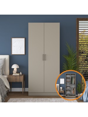 Rani BA241 Gardırop 2 Kapaklı 6 Raflı 2 Askılı Elbise Dolabı Kumtaşı