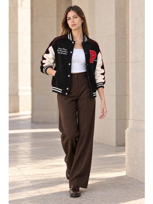 Polo State Kadın P Nakışlı Kontrast Kollu Oversize Kolej Bomber Ceket - Siyah