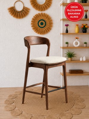 Silla Yılan Bar Sandalyesi Teddy Krem Kumaş Ceviz Ahşap Ada Sandalye