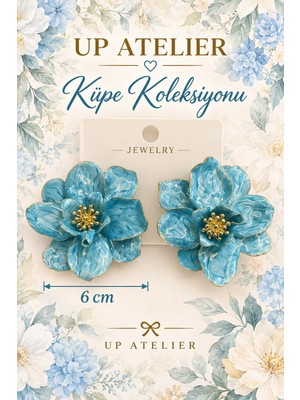 Up Atelier Mineli Gold Detaylı Mavi Çiçek Küpe 6cm