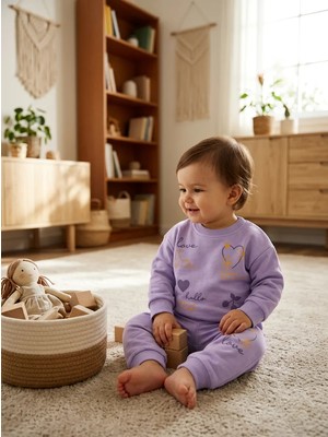 CemBebe Kız Çocuk Eşofman Takımı  Bahar Kış Sezonu Kalp Baskılı Sweatshirt Pantolon