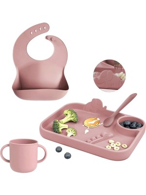 Velora Meleni Baby 4'lü Silikon Beslenme Seti- 3 Bölmeli Beslenme Tabağı- Kaşık - Önlük- Bardak - Pembe