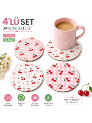 Kids Town 4'lü Cherry Desenli Mdf Bardak Altlığı Seti – 3 mm Uv Baskılı Dekoratif Kahve ve Çay Altlığı