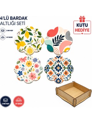Kids Town 4'lü Çiçek Formlu Mdf Bardak Altlığı Seti – 3 mm Uv Baskılı Dekoratif Ahşap Bardak Altlığı – Kutu Hediyeli
