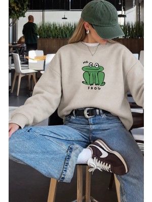 Monila Kadın Premium Kumaş 3 Iplik Şardonlu Kurbağa Baskılı Sweatshirt