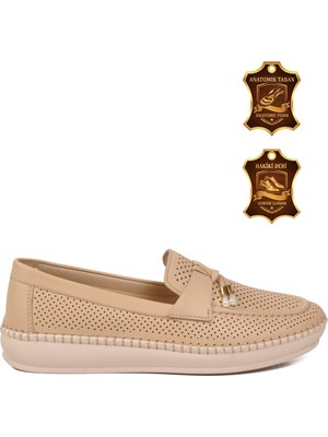Voyager Bej Hakiki Deri Anatomik Rahat Tabanlı Kadın Casual Ayakkabı Loafer Z093
