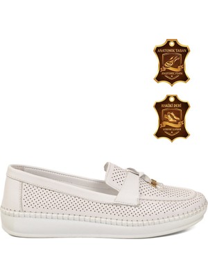 Voyager Beyaz Hakiki Deri Anatomik Rahat Tabanlı Kadın Casual Ayakkabı Loafer Z093