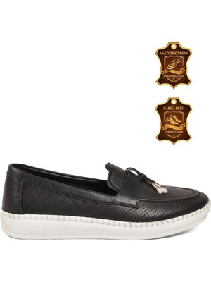 Voyager Siyah Hakiki Deri Anatomik Rahat Tabanlı Kadın Casual Ayakkabı Loafer Z093
