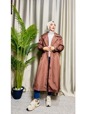 Mabel Giyim Kadın Astarlı Rüzgarlık Detaylı Kuşaklı Trençkot 125 cm
