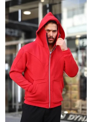 Moda Loris Erkek Maskeli Ninja Model Çift Kapüşonlu 3 Iplik Şardonlu Fermuarlı Sweatshirt - Kırmızı