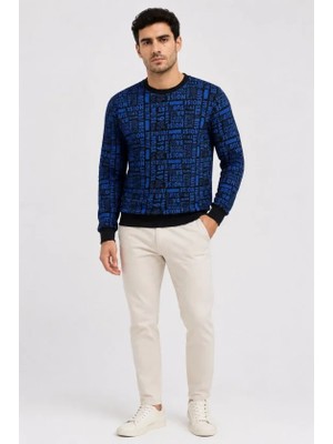 Pusula Sepeti Erkek Siyah Mavi Yazı Desenli Iki Iplik Şardonlu Sweatshirt