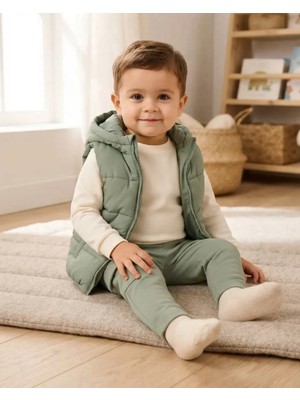 Kapüşonlu Yelekli Erkek Bebek Mevsimlik Takım Yeşil
