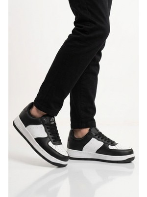 Cool Siyah-Beyaz Bağcıklı Kalın Tabanlı Unisex Yürüyüş ve Spor Ayakkabı Sneaker Pekin Kısa