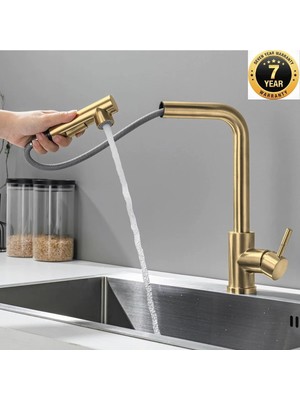 OEM Mutfak Eviye Bataryası 2 Fonksiyonlu Fiskiye Başlığı ve Spiralli Mat Gold 7 Yıl Garantili Ithal
