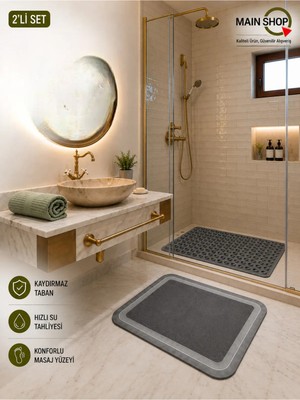 Mikasso Kaydırmaz Banyo Duş Paspas Seti 2'li - Hızlı Su Tahliyeli Duş Matı ve Sihirli Su Emici Lavabo Önü Ma