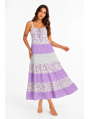 Velmora Fashion Kadın Askılı Çiçek Desenli Keten Kumaş Kat Kat Salaş Maxi Elbise - Lila
