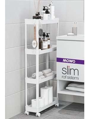 Mowo Home Slim 4 Katlı Tekerlekli Raf Ünitesi Beyaz, Banyo Rafı, Mutfak Rafı, Banyo Düzenleyici