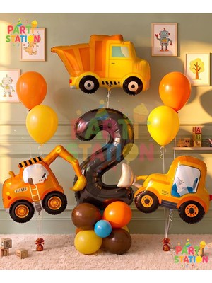 Parti Station Iş Makineleri Inşaat Balon Set 2 Yaş - 14 Parça Büyük Boy Doğum Günü Seti Kepçe Dozer Kamyon Folyo Balon ve Siyah Rakam Konsept Parti Süsleme Seti