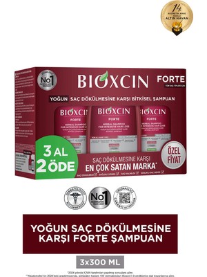 Bioxcin Forte Şampuan Tüm Saç Tipleri Için 3x300ml - Yoğun Dökülme Şampuanı Avantajlı Paket
