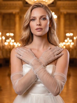 Elegance Scarf Uzun Tül Gelin Eldiveni Dirsek Üstü Şeffaf Nikah İmza Düğün Abiye Davet Eldiveni Beyaz