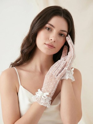 Elegance Scarf Kısa Puantiyeli Tül Dantel Çiçekli Gelin Eldiveni Nikah Düğün Abiye Davet Eldiveni Beyaz