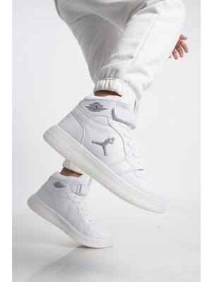 Cool Beyaz Cırtlı Basket Tarzı Bilek Boy Sneaker Erkek Çocuk Spor Ayakkabı Haykat Uzun Air