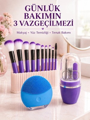Astraltech 3’lü Güzellik ve Bakım Seti 12’li Mor Makyaj Fırçası Silikon Yüz Temizleme Cihazı ve Manikür Tırnak Bakım Seti