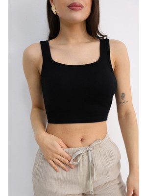 Dut Store Viskon Kendinden Kaplı Crop Atlet Siyah