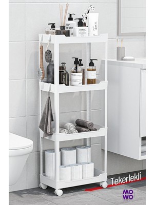 Mowo Home 4 Katlı Tekerlekli Banyo Rafı, Mutfak Rafı, Havluluk, Deterjanlık Makyaj Organizer