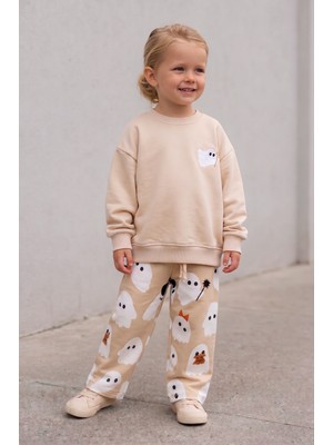 Babymod Hayalet Desenli Bej Kız Erkek Çocuk Sweatshirt ve Alt Eşofman Çocuk Takım