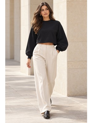 Quhox Kadın Siyah Bisiklet Yaka Balon Kol Crop Sweatshirt