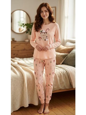 Sevim 17216 Somon Yılbaşı Desenli Çam Ağaçlı Paçası Bantlı Pijama Takım 'anne Kız Kombin Yapılabilir'