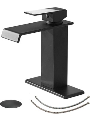 Velora Bwe Siyah Banyo Bataryası Modern Şelale Mat Siyah Banyo Lavabo Bataryası Tek Delik Pop Up Drenaj Parçaları Bacalı Banyo Lavabo Vanity Stoper Taşma ve Besleme Hortumu Tek Kolu