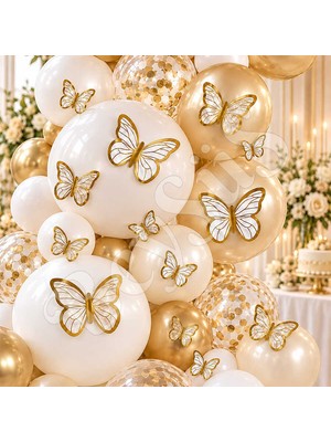 BeySüS Beyaz Gold Detaylı Kelebek Balon Süsü 42’li