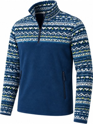 Ghassy Co. Erkek Etnik Desenli 1/4 Zip Yarım Fermuarlı Cepli Polar Outdoor Günlük Kullanım