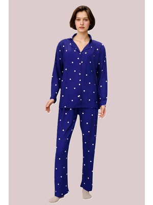 Estiva Kadın Puantiyeli Önden Düğmeli Süet Pijama Takımı