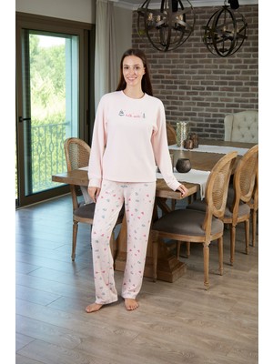 Estiva Kadın Çam Desenli Pudra Pembe Waffle Kumaş Pijama Takımı