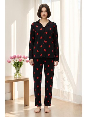 Estiva Kadın Kalp Desenli Siyah Önden Düğmeli Süet Pijama Takımı