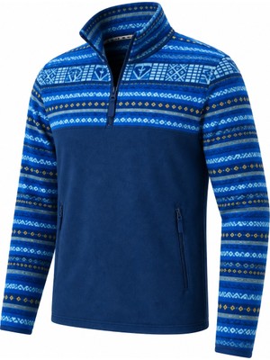 Ghassy Co. Erkek Etnik Desenli 1/4 Zip Yarım Fermuarlı Cepli Polar Outdoor Günlük Kullanım