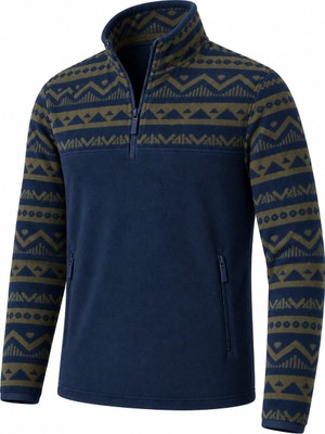 Ghassy Co. Erkek Etnik Desenli 1/4 Zip Yarım Fermuarlı Cepli Polar Outdoor Günlük Kullanım