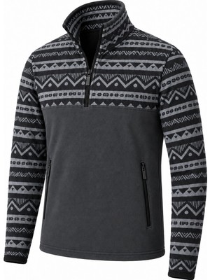 Ghassy Co. Erkek Etnik Desenli 1/4 Zip Yarım Fermuarlı Cepli Polar Outdoor Günlük Kullanım