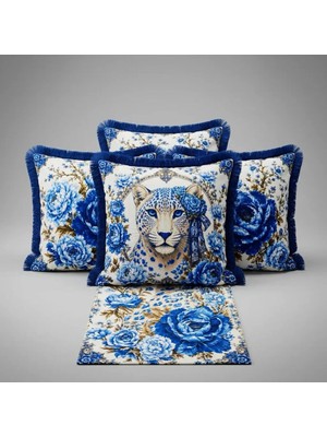 Sunum Luxe Mavi Leopar Desenli Runner + 4’lü Kırlent Kılıfı Kombin Seti